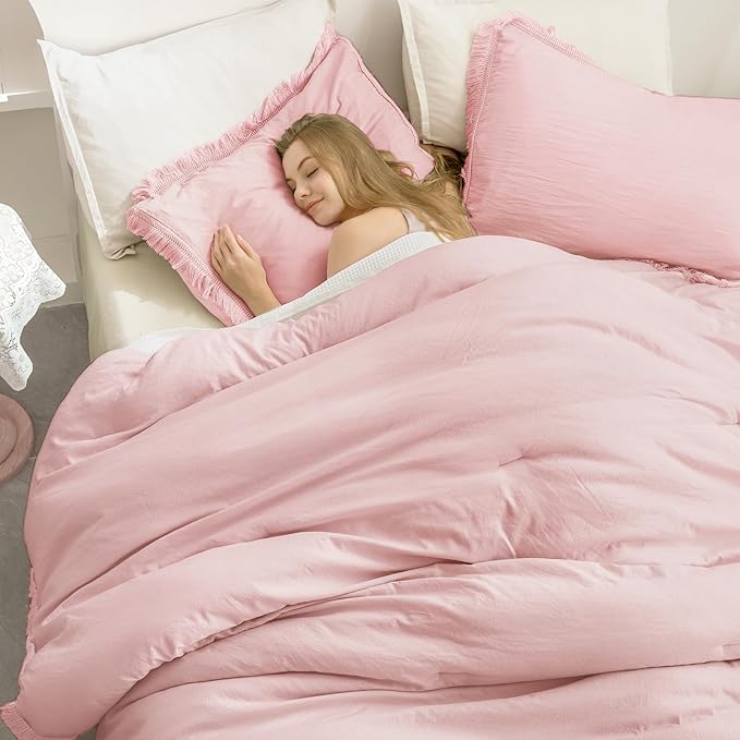 Andency Pink Tassel Comforter Set Full(79x90Inch), 3 Pieces(1 boho Comforter, 2 Pillowcases) Farmhouse Shabby Chic Comforter Set, Soft Microfiber Lightweight Fringe Bedding Comforter Set - LeafyLoom