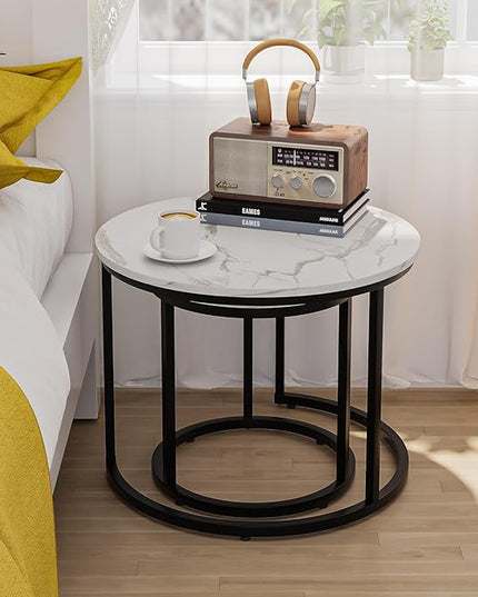 White Nesting Coffee Table Set of 2, 23.6" Round Coffee Table Wood Grain Top with Adjustable Non-Slip Feet, Industrial End Table Side Tables for Living Room Bedroom Balcony Yard - LeafyLoom