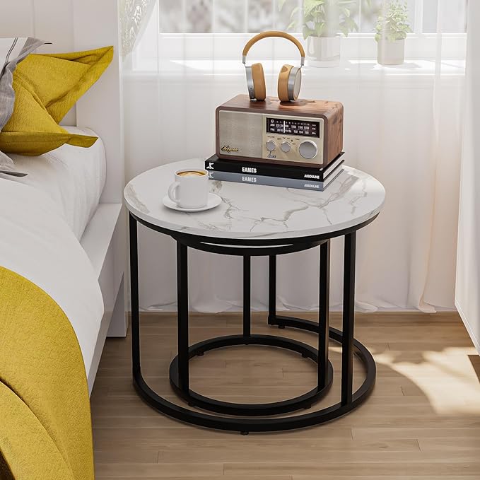 White Nesting Coffee Table Set of 2, 23.6" Round Coffee Table Wood Grain Top with Adjustable Non-Slip Feet, Industrial End Table Side Tables for Living Room Bedroom Balcony Yard - LeafyLoom