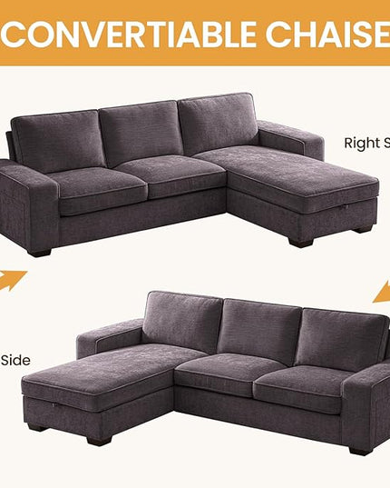 COHOME 100" L-Shaped Couch with Storage, Chenille Upholstered Deep Seat Couch for Living Room, Sofa with Reversible Chaise, Removable Covers, 3-Seater Apartment Sofa with Charge Ports,Dark Grey - LeafyLoom