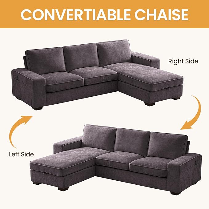 COHOME 100" L-Shaped Couch with Storage, Chenille Upholstered Deep Seat Couch for Living Room, Sofa with Reversible Chaise, Removable Covers, 3-Seater Apartment Sofa with Charge Ports,Dark Grey - LeafyLoom