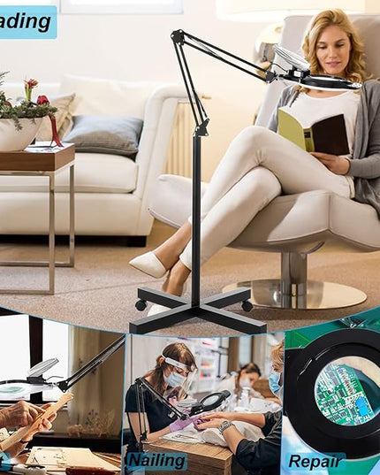 10X Magniyfing Floor Lamp with 4 Wheel Rolling Base for Estheticians 2,200 Lumens LED Magnifier Lighted Glass Lens, AdjustableStand & Swivel Arm Floor Lamp for Reading, Crafts, Tasks - LeafyLoom