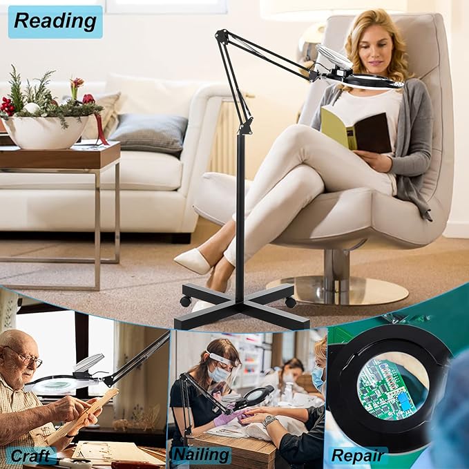 10X Magniyfing Floor Lamp with 4 Wheel Rolling Base for Estheticians 2,200 Lumens LED Magnifier Lighted Glass Lens, AdjustableStand & Swivel Arm Floor Lamp for Reading, Crafts, Tasks - LeafyLoom