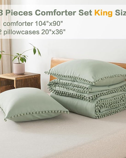 Litanika King Size Comforter Set Sage Green,3 Pieces Sage Green Boho Pom Pom Lightweight Bed Comforter, All Season Soft Solid Color Bedding Comforter Sets (1 Comforter 104x90 Inch, 2 Pillowcases) - LeafyLoom