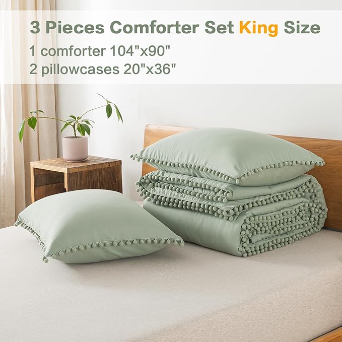 Litanika King Size Comforter Set Sage Green,3 Pieces Sage Green Boho Pom Pom Lightweight Bed Comforter, All Season Soft Solid Color Bedding Comforter Sets (1 Comforter 104x90 Inch, 2 Pillowcases) - LeafyLoom