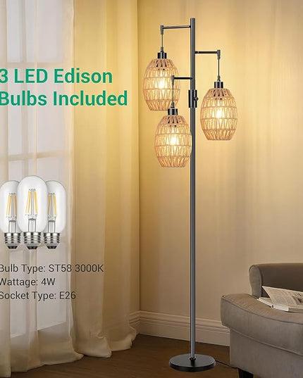 Boho Floor Lamps for Living Room Bedroom Rattan Floor Lamp With Three Wicker Woven Lampshades,Dimmable Rustic Floor Lamp Black Standing Lamp 68" Farmhouse Tall Three Floor Lamp For Bedroom Corner - LeafyLoom