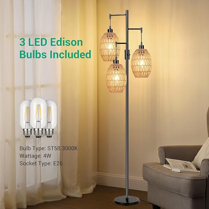 Boho Floor Lamps for Living Room Bedroom Rattan Floor Lamp With Three Wicker Woven Lampshades,Dimmable Rustic Floor Lamp Black Standing Lamp 68" Farmhouse Tall Three Floor Lamp For Bedroom Corner - LeafyLoom