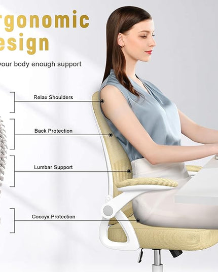 naspaluro Ergonomic Office Chair, Mid Back Desk Chair with Adjustable Height, Flip-Up Arms and Lumbar Support, Breathable Mesh Swivel Computer Chair for Home Study Working/Light Yellow - LeafyLoom