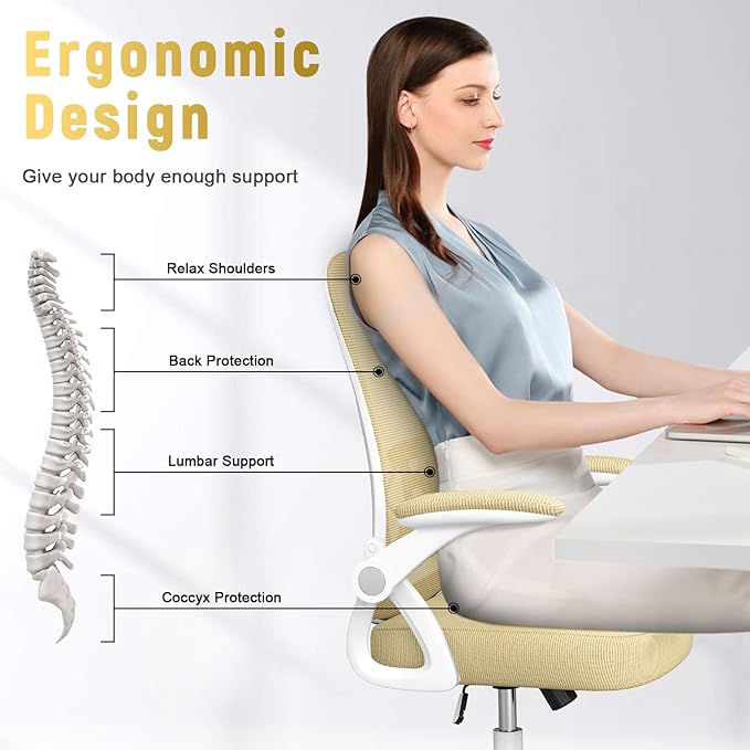 naspaluro Ergonomic Office Chair, Mid Back Desk Chair with Adjustable Height, Flip-Up Arms and Lumbar Support, Breathable Mesh Swivel Computer Chair for Home Study Working/Light Yellow - LeafyLoom