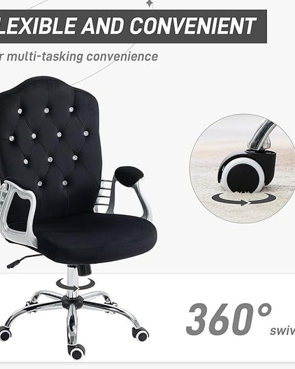 Vinsetto Home Office Chair, Velvet Computer Chair, Button Tufted Desk Chair with Swivel Wheels, Adjustable Height, and Tilt Function, Black - LeafyLoom