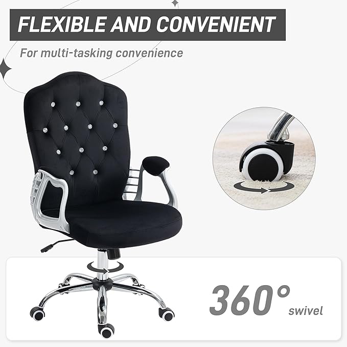 Vinsetto Home Office Chair, Velvet Computer Chair, Button Tufted Desk Chair with Swivel Wheels, Adjustable Height, and Tilt Function, Black - LeafyLoom
