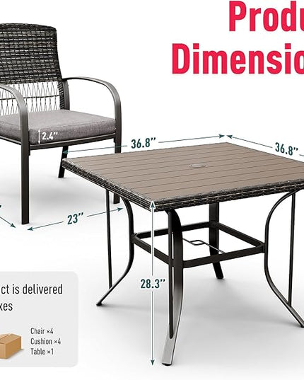 Pamapic Patio Table and Chairs Set, All-Weather Rattan Outdoor Table and Chairs with Removable Waterproof Cushions, Plastic-Wood Patio Dining Set for 4 with Umbrella Hole(Gray) - LeafyLoom