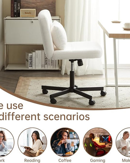 Boucle Criss Cross Armless Home Office Chair with Replaceable Wheels/Fixed Base and Back Support for Living Room, Wide Seat Adjustable Legged Swivel Chair, Comfy Computer Chair for Vanity, White - LeafyLoom
