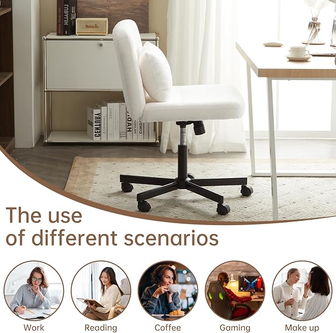 Boucle Criss Cross Armless Home Office Chair with Replaceable Wheels/Fixed Base and Back Support for Living Room, Wide Seat Adjustable Legged Swivel Chair, Comfy Computer Chair for Vanity, White - LeafyLoom