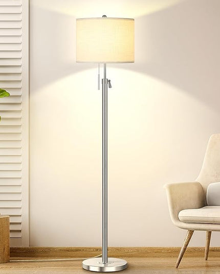 Brushed Nickel Floor Lamp for Living Room, Adjustable Height Standing Lamp with Metal Base, 3-Way Dimmable Tall Pole Light with White Linen Shade for Bedroom, Pull Chain Switch, 6W LED Bulb Included - LeafyLoom