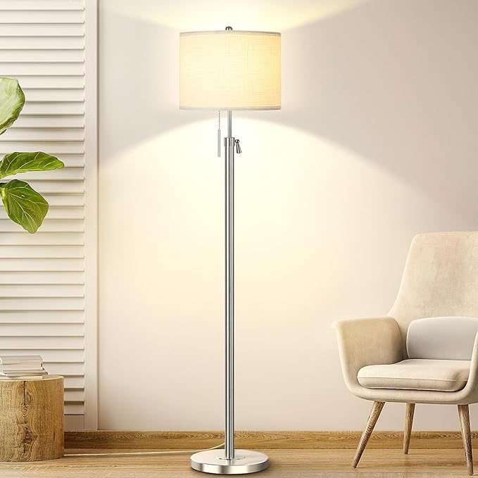 Brushed Nickel Floor Lamp for Living Room, Adjustable Height Standing Lamp with Metal Base, 3-Way Dimmable Tall Pole Light with White Linen Shade for Bedroom, Pull Chain Switch, 6W LED Bulb Included - LeafyLoom