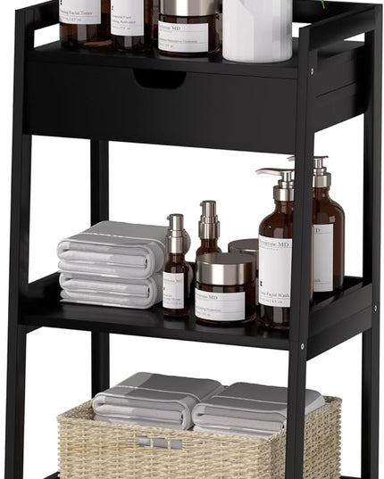 Bathroom Shelves, 3 Tier Ladder Shelf with Drawers, Bamboo Bookshelf Open Shelving, Nightstand Bookcase End Table Plant Stand for Living Room, Bedroom, Bathroom, Kitchen - LeafyLoom