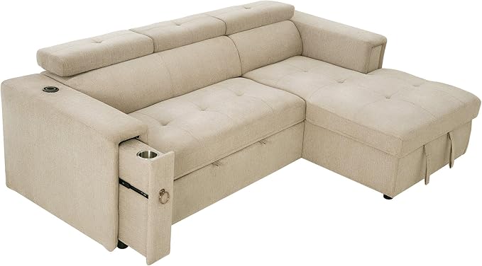 96“ L-Shape Sectional Sleeper Sofa with Pull out Bed, Adjustable Headrest &Storage Chaise, Linen Upholstered Convertible Couch w/Wireless Charging &Cup Holders, for Living Room Apartment - LeafyLoom