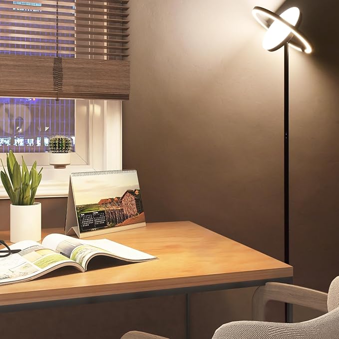 FIMEI Floor Lamp, Sky Modern Bright Standing Lamp with Rotatable Outer Ring Light, 3 Color Temperature and Stepless Dimming, Remote/Touch Independent Control for Living Room Bed Room Office, Black - LeafyLoom