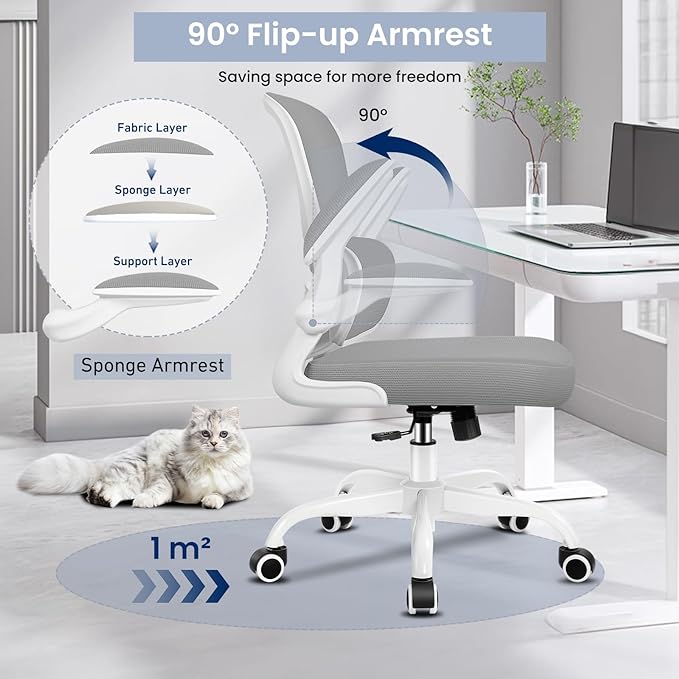 Office Chair, Ergonomic Desk Chair with Lumbar Support and Adjustable Armrests, Comfy Desk Chair Breathable Mesh Mid Back Computer Chair, Reclining Office Chair for Home Office - Light Gray - LeafyLoom