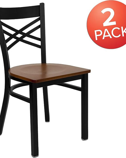 Flash Furniture 2 Pk. HERCULES Series Black ''X'' Back Metal Restaurant Chair - Cherry Wood Seat - LeafyLoom