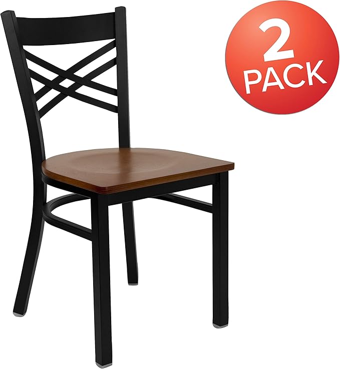 Flash Furniture 2 Pk. HERCULES Series Black ''X'' Back Metal Restaurant Chair - Cherry Wood Seat - LeafyLoom