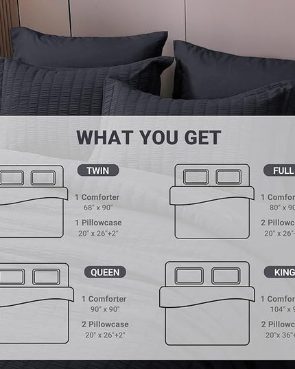 HYMOKEGE Seersucker Twin Comforter Set 3 Pieces, Lightweight Comforter Sets for Bedding, Bed Set with 1 All Season Soft Down Alternative Comforter and 2 Pillow Shams, Black - LeafyLoom