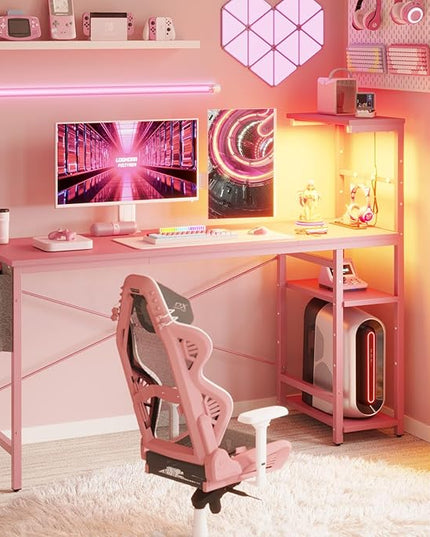 Bestier Gaming Desk with Power Outlets, 61 Inch Large Led Gamer Desk with 4 Tiers Reversible Shelves, PC Gaming Table with Headset Hook & Side Storage Bag for Bedroom (Pink 3D Carbon Fiber) - LeafyLoom