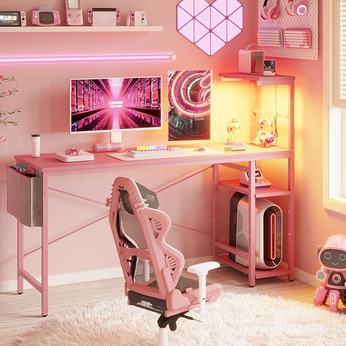 Bestier Gaming Desk with Power Outlets, 61 Inch Large Led Gamer Desk with 4 Tiers Reversible Shelves, PC Gaming Table with Headset Hook & Side Storage Bag for Bedroom (Pink 3D Carbon Fiber) - LeafyLoom