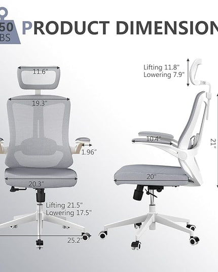 Office Chair 350LBS Capacity,Ergonomic Comfy Home Desk Chair,High Back Gaming Chair with Wheels,Mesh Computer Chair,Lumbar Support, Adjustable Headrest,Flip-up Armrest - LeafyLoom
