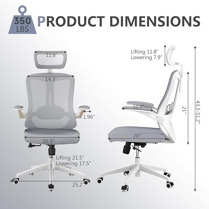 Office Chair 350LBS Capacity,Ergonomic Comfy Home Desk Chair,High Back Gaming Chair with Wheels,Mesh Computer Chair,Lumbar Support, Adjustable Headrest,Flip-up Armrest - LeafyLoom