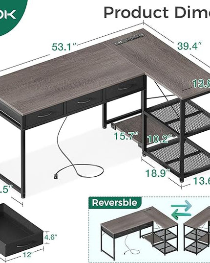 AODK 53 Inch L Shaped Computer Desk with Drawers, Corner Desk with Power Outlets & Reversible Storage Shelves, Movable CPU Stand for Home Office Gaming, Oak Grey - LeafyLoom