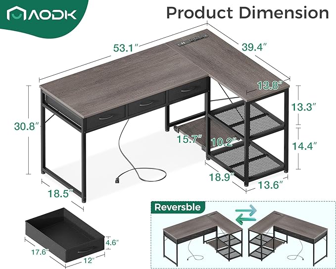 AODK 53 Inch L Shaped Computer Desk with Drawers, Corner Desk with Power Outlets & Reversible Storage Shelves, Movable CPU Stand for Home Office Gaming, Oak Grey - LeafyLoom