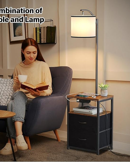 SUNMORY Floor Lamp with Table & 2 Drawers, Lamp with USB Port and Outlet, Nightstand with 3 Color Temperature Led Bulb Included, Floor Lamps for Living Room, Bedroom and Home Office, Rustic Brown - LeafyLoom