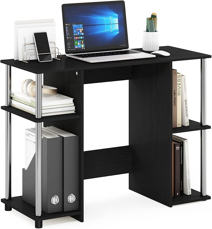 Furinno Jaya Computer Study Desk, Americano/Stainless Steel - LeafyLoom