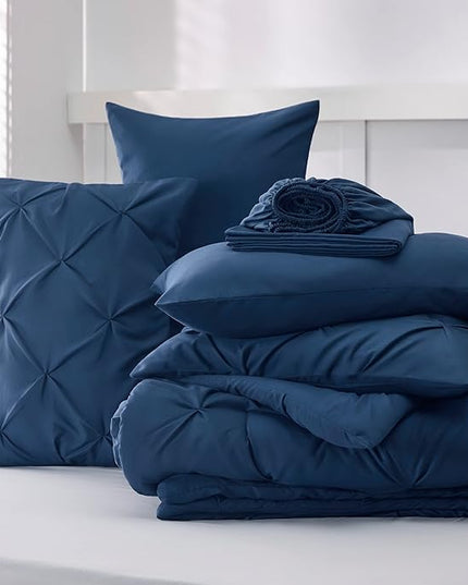 Bedsure King Size Comforter Set - Bedding Set King 7 Pieces, Pintuck Bed in a Bag Navy Blue Bed Set with Comforter, Sheets, Pillowcases & Shams - LeafyLoom
