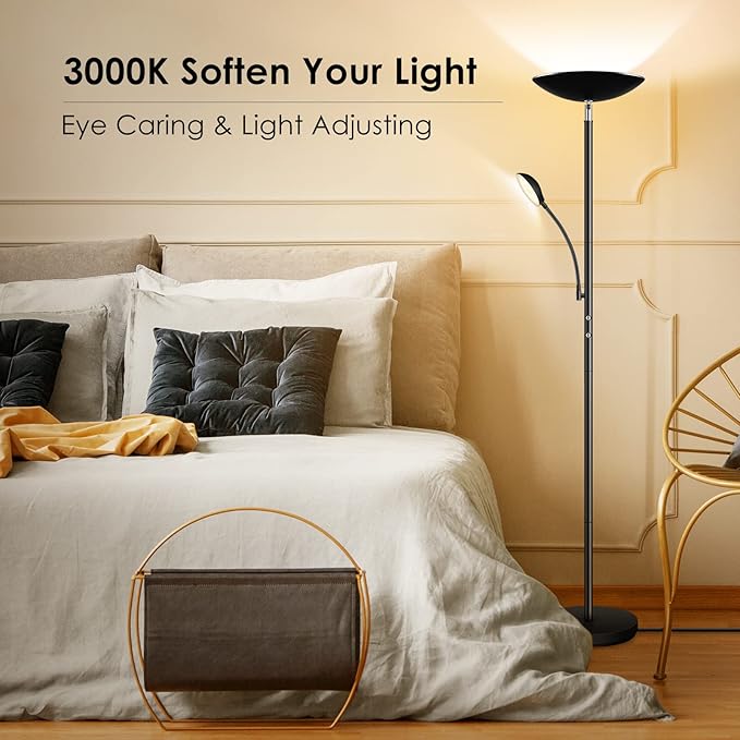 BoostArea Floor Lamp, LED 20W/2000LM Bright Torchiere Floor Lamp with 5W Adjustable Reading Lamp, Stepless Dimmable Standing Lamp, 2 Rotary Switch, Modern Floor Lamps for Living Room, Bedroom, Office - LeafyLoom