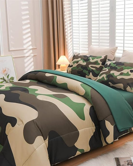 Meeting Story Camouflage Bedding Set, Colorful Pattern Style Comforter Set, 5 PCS One Comforter Two Pillowcases Two Sheets in One Bag, All Season Bedspread for Teens Adults (Green, Queen 5Pcs) - LeafyLoom