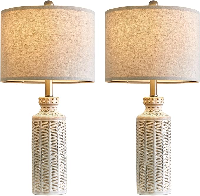 24.75'' Farmhouse Ceramic Table Lamp Set of 2 for Bedroom Living Room Vintage Traditional Rustic Modern White Nightstand Bedside Lamps - LeafyLoom