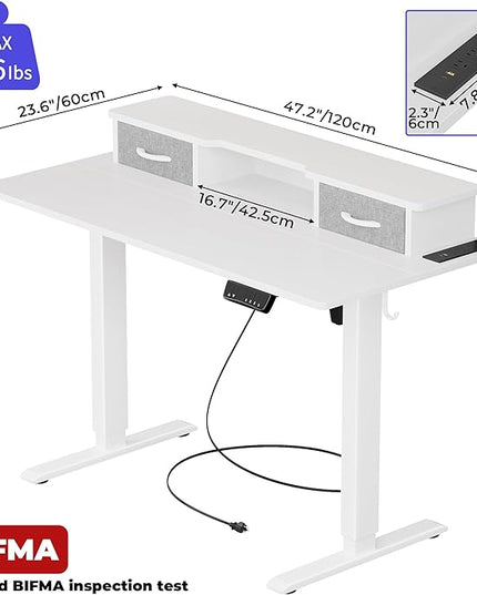 JOISCOPE 48 Inch Electric Standing Adjustable Height Desk with Double Drawer, Home Office Computer Gaming Desk with Storage Shelf and Power Outlets, Sit Stand Desk, White - LeafyLoom