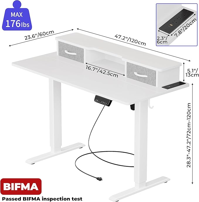 JOISCOPE 48 Inch Electric Standing Adjustable Height Desk with Double Drawer, Home Office Computer Gaming Desk with Storage Shelf and Power Outlets, Sit Stand Desk, White - LeafyLoom