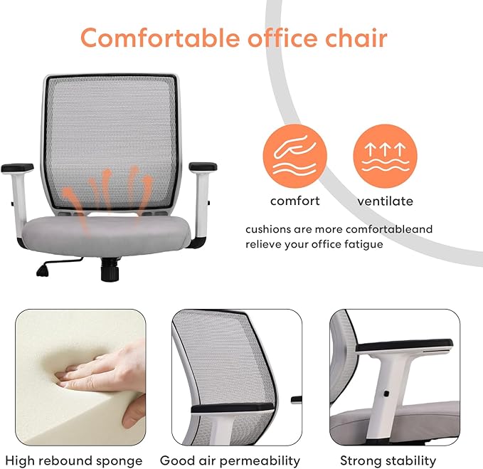 Schwake Ergonomic Office Chair Home Mesh Desk Chair with Adjustable Arms - Mid Back Computer Chairs for Adults - Swivel Task Chair Comfortable for Home Office (White &Grey) - LeafyLoom