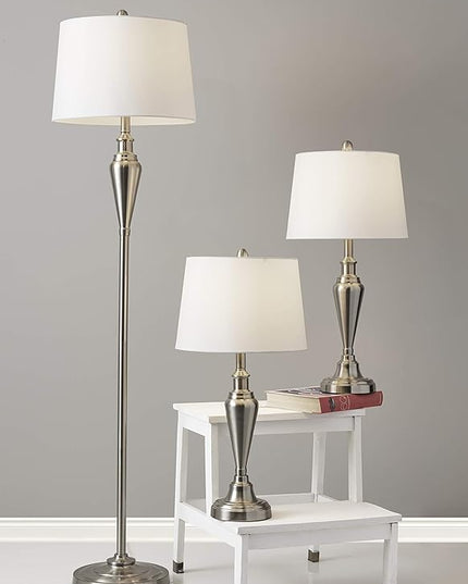 Adesso 1583-22 Glendale 3-Piece Floor Lamp Set, 59.5 in./25.5 in., 150W, Brushed Steel/White, 3 Antique Lamps - LeafyLoom