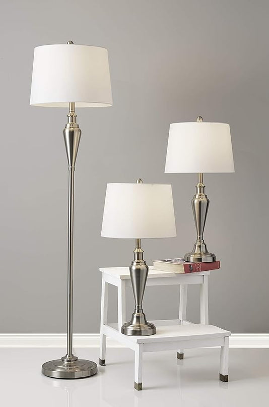 Adesso 1583-22 Glendale 3-Piece Floor Lamp Set, 59.5 in./25.5 in., 150W, Brushed Steel/White, 3 Antique Lamps - LeafyLoom