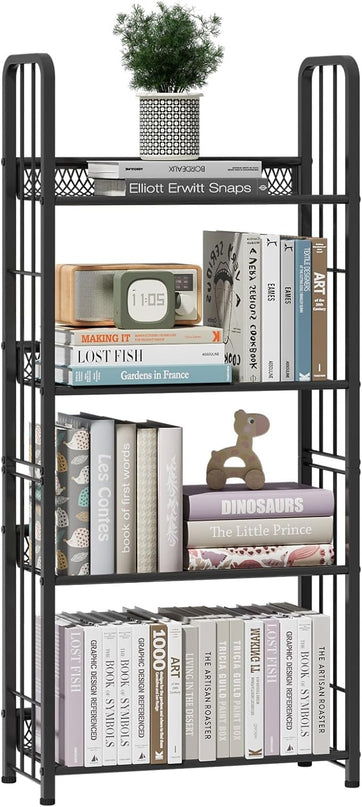 Bookshelf Storage Shelf Bookcase Freestanding Storage Stand Book Organizer for Living Room, Bedroom, Kitchen, Rust Resistance,Easy Assembly Multi-Functional Organizer (4 Tiers, Black) - LeafyLoom