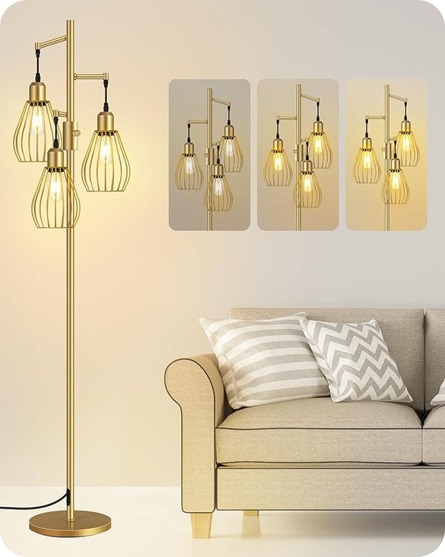 Farmhouse Dimmable Floor Lamp, Industrial Tall Standing Tree Lamp with 3 Elegant Teardrop Cage Heads, 4W 3 LED Bulbs Included, Rustic Standing Lamp for Living Room, Bedroom, Gold D02LD05 - LeafyLoom