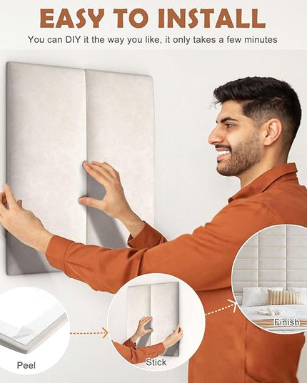 Wall Mounted Upholstered Headboard Queen, 3D Peel and Stick Soundproof Wall Panels, Reusable and Removable Padded Headboard Leather Bed Headboard, 9 Panels Headboard 9.84" x 23.62", Ivory White - LeafyLoom
