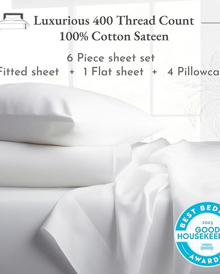 California Design Den 6-Pc King Size Sheet Set with 4 Pillowcases - Soft 400 Thread Count 100% Cotton Sheets, Cooling Sateen Weave, Luxury Deep Pocket Bedsheets Set - Ivory - LeafyLoom
