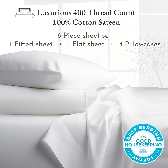 California Design Den 6-Pc King Size Sheet Set with 4 Pillowcases - Soft 400 Thread Count 100% Cotton Sheets, Cooling Sateen Weave, Luxury Deep Pocket Bedsheets Set - Ivory - LeafyLoom