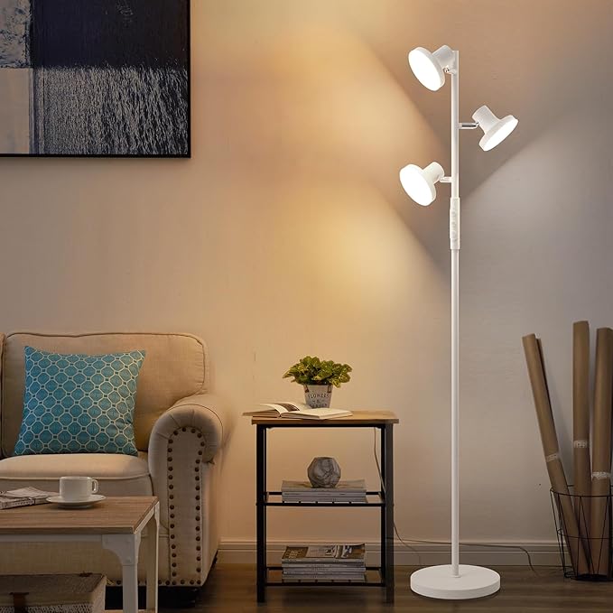 36W White Floor Lamp, Super Bright Tree Floor Lamp LED Standing Lamp with Remote Control, 4 Color Temperatures, 3 Rotatable LED Lights, Dimmable Floor Lamps for Living Room, Bedroom, Office - LeafyLoom